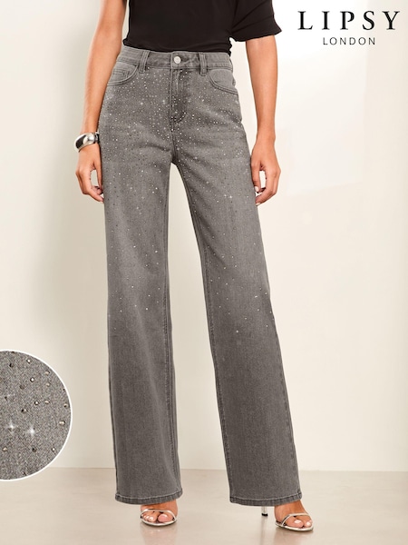 Lipsy Grey Diamante Petite Mid Rise Wide Leg Jeans (E66210) | €34