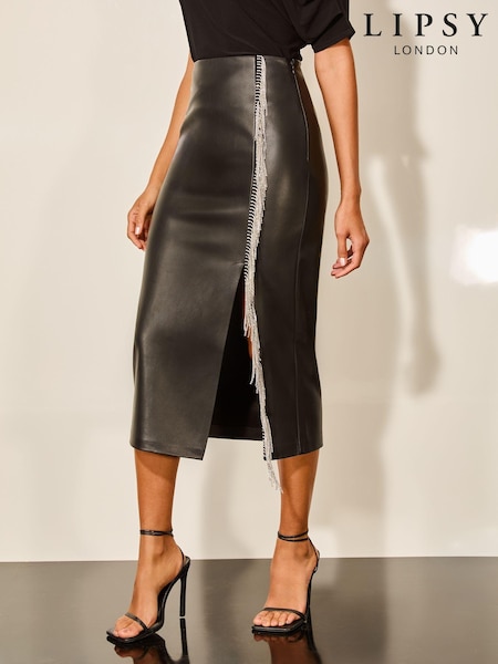Lipsy Black Faux Leather Diamante Tassle Midi Skirt (E66262) | €26