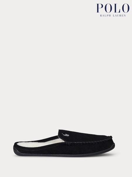 Negru - Polo Ralph Lauren Piele întoarsă Brenan Bear Logo Papuci de casă (E66323) | 354 LEI