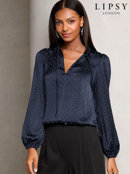 Lipsy Navy Blue Hotfix V Neck Long Sleeve Blouse (E66365) | AED99