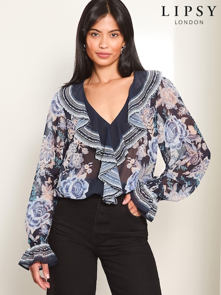 Lipsy Navy Blue Ruffle Front Ruffle Cuff Printed Blouse (E66373) | €18