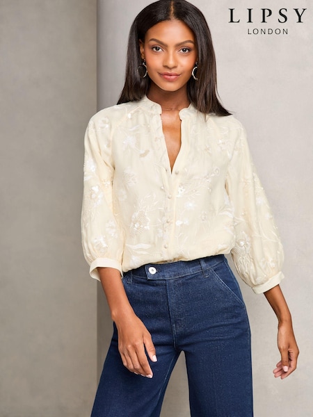 Lipsy Cream Embroidered V Neck Blouse (E66378) | €20.50