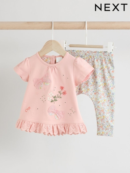 צבע ורוד בדוגמה פרחונית ובעיטור פפיון - 2 Piece Short Sleeve Top & Legging Set (E66458) | ‏55‏₪ - ‏63‏ ₪
