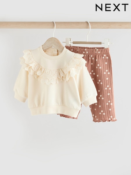 Cream/ Tan Flower Print 2 Piece Baby Sweat Top & Trouser Set (E66462) | €19 - €22
