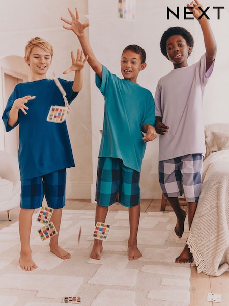 Purple/Teal/Blue Check - Woven Short Pyjamas 3 Pack (4-16yrs) (E66495) | 39 € - 48 €