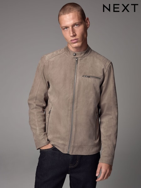 אפור - Faux Suede Racer Jacket (E66504) | ‏224‏₪