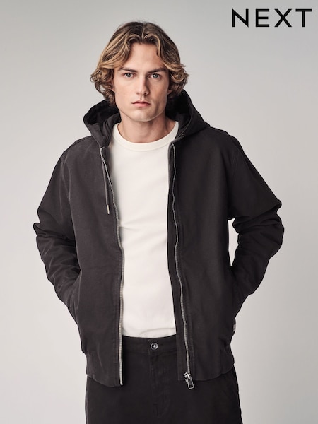 Black 100% Cotton Canvas Hooded Zip Through Worker Jacket (E66537) | AED306
