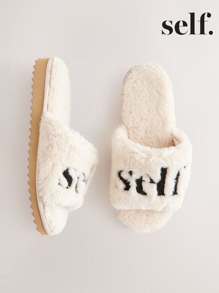 self. Ecru Borg Slider Slippers (E66569) | R$ 180