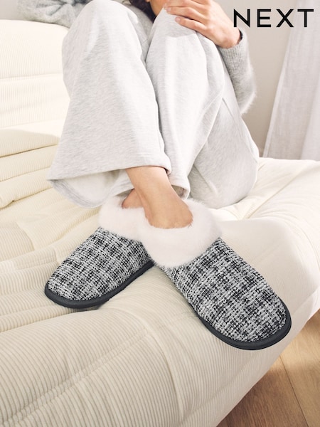 Neutral - Tweed Boot Slippers with Faux Fur Lining (E66578) | 89 LEI