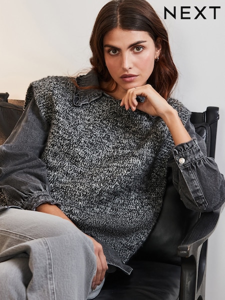 Monochrome Denim Shirt Layer 2 in 1 Knitted Tank Jumper with Wool (E66590) | 130 QAR