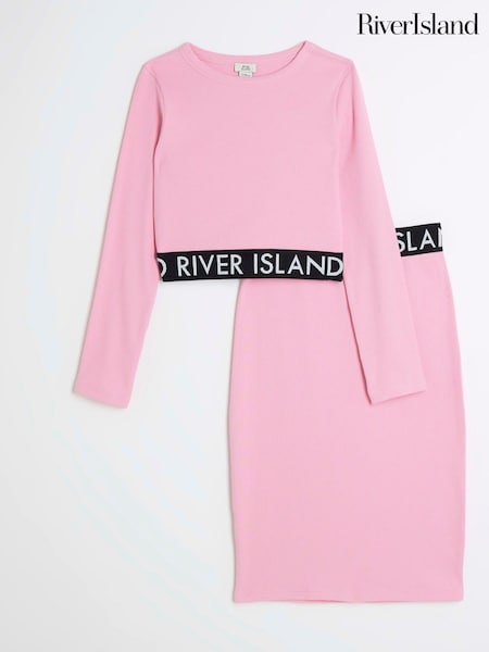 River Island Pink Girls Ribbed Midi 100% Cotton Skirt Set (E66598) | €26