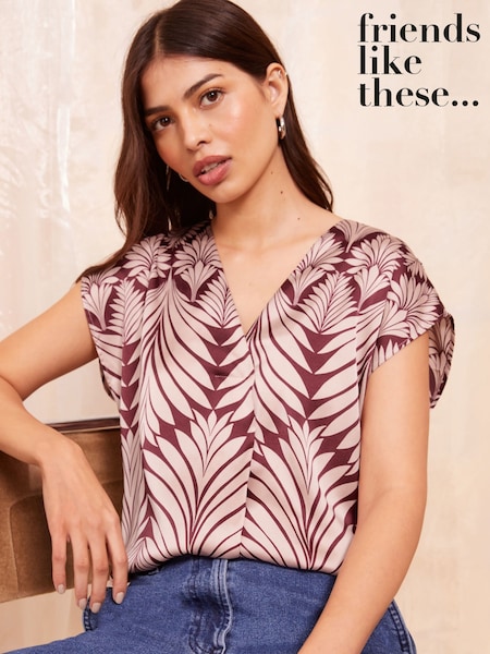 Imprimeu palmier bordeaux - Friends Like These Mânecă scurtă  Satin Decolteu în V Bluze (E66857) | 137 LEI