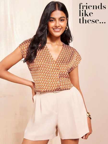 Friends Like These Rust Print Short Sleeve Satin V Neck Blouse (E66861) | 74 QAR
