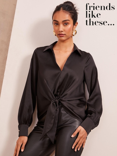 Friends Like These Black Tie Front Satin Long Sleeve Blouse (E66865) | 86 QAR
