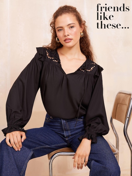 Friends Like These Black Long Sleeve Cutwork Lace Blouse (E66887) | €11.50