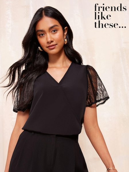 Friends Like These Black Lace Short Sleeve Wrap Top (E66889) | €24