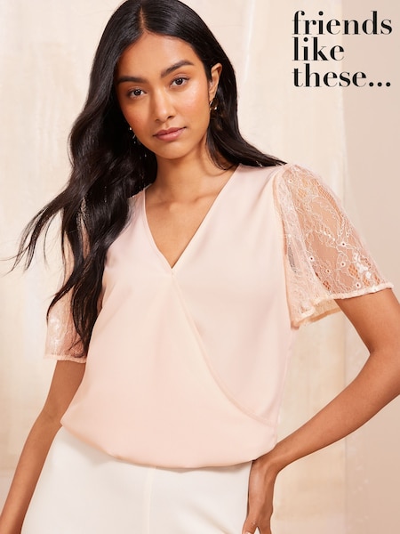 Friends Like These Pale Pink Lace Short Sleeve Wrap Top (E66896) | €27