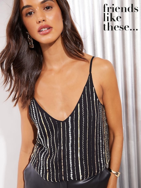 Friends Like These Black Silver Embellished Sequin Cami (E66898) | 96 QAR