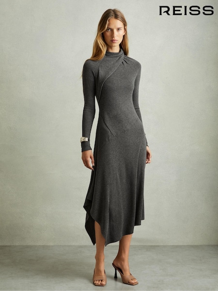 Reiss Grey Catlyn Jersey Drape Asymmetric Midi Dress (E67055) | €84