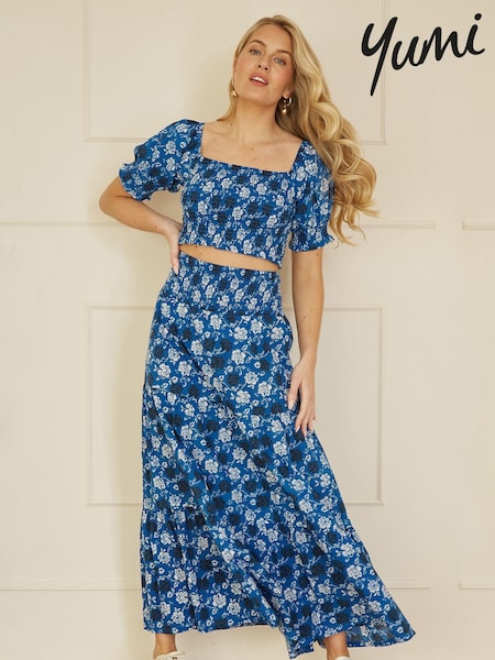 Yumi Blue 100% Cotton Voile Floral Ruched Crop Top (E67079) | €21