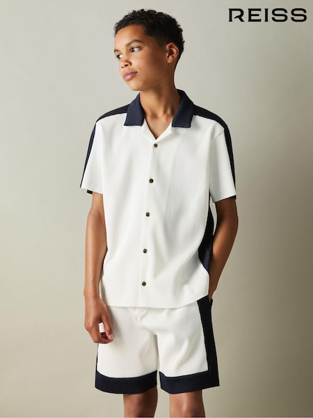 Reiss Optic White/Navy Castro 9-13 yrs Colourblock Plisse Cuban Collar Shirt (E67153) | €50