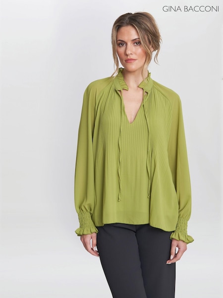 Verde - Gina Bacconi Delphine Pleat Volant Neck Bluze (E67168) | 335 LEI
