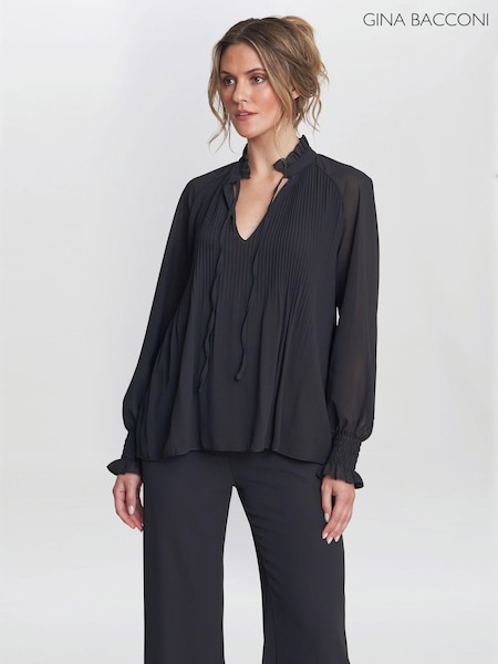 Musta - Gina Bacconi Delphine Pleat Frill Neck Blouse (E67171) | €71