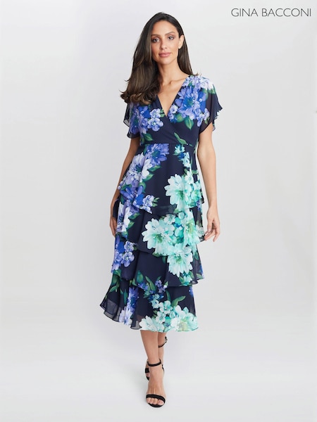 Gina Bacconi Blue Marie Midi Printed Tiered Dress (E67176) | €154