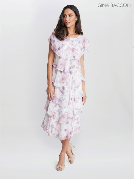 Gina Bacconi Purple Phoebe Midi Printed Tiered Dress With Shoulder Embellishment (E67177) | ‏1,308‏₪