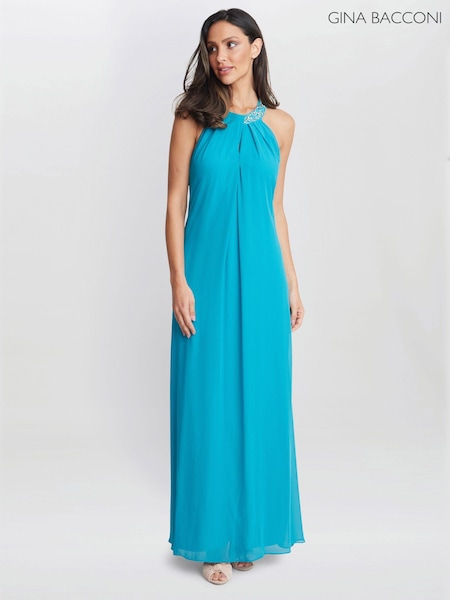 Gina Bacconi Blue Pamela Halter Neck Maxi Dress With Beaded Neckline (E67180) | €179