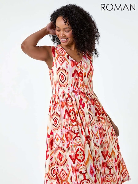 Roman Orange Print Button Stretch Midi Dress (E67204) | 285 zł