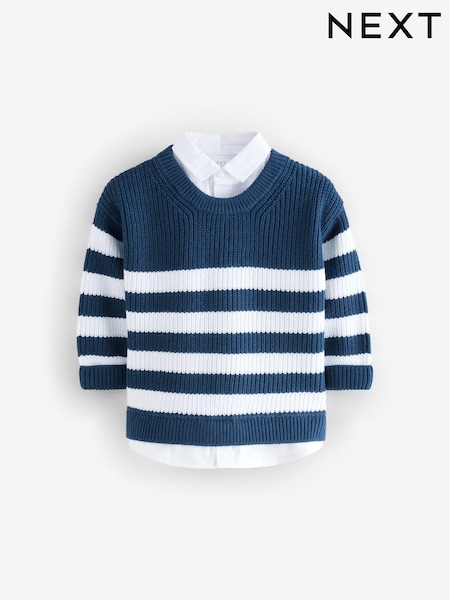 Navy Stripe 100% Cotton Knitted Mock Shirt Jumper (3mths-7yrs) (E67248) | €27 - €30