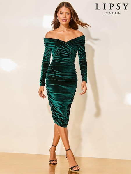 Lipsy Forest Green Velvet Long Sleeve Bardot Bodycon Midi Dress (E67383) | OMR25