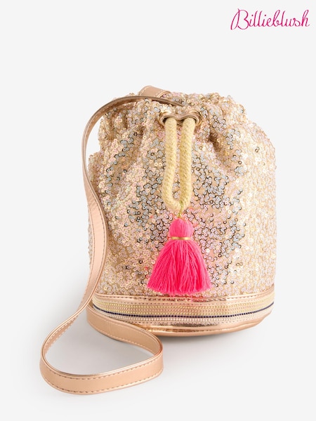 Billieblush Gold Sequin Party Occasion Handbag With Pom Pom Detail (E67880) | 121 LEI