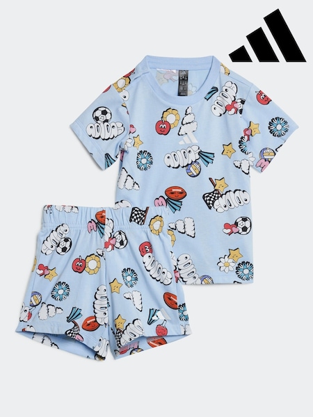 adidas Blue All Over Print Essentials Fun 100% Cotton Shorts and T-Shirt Set (E67905) | R$ 245