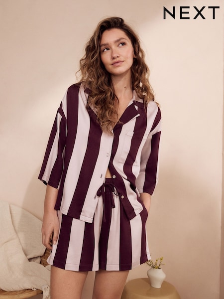Berry Stripe Button Through Short Set Pyjamas (E67918) | ₪107
