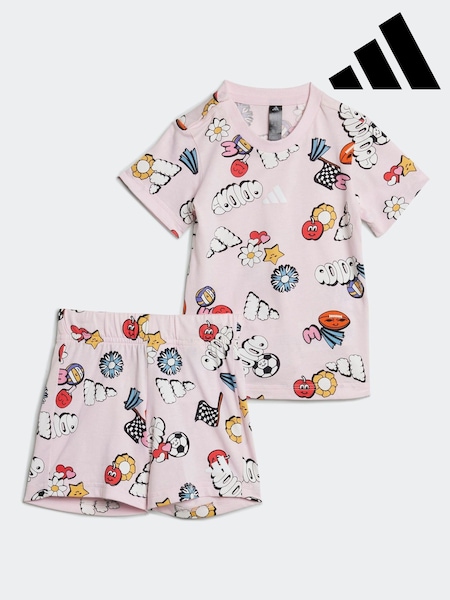 adidas Pink Essentials Fun All-Over Print 100% Cotton Shorts and T-Shirt Set (E67925) | R$ 245