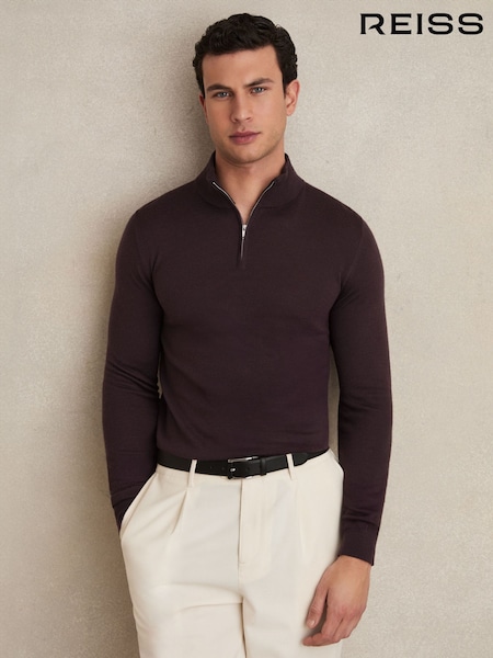 Reiss Dark Bordeaux Blackhall Merino Wool Half-Zip Funnel Neck Jumper (E67958) | €142