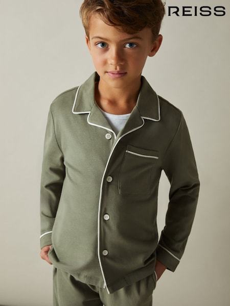 Reiss Sage Green Myers Set 3-9 yrs Brushed-Cotton Piped-Trim Pyjamas Set (E67975) | €40