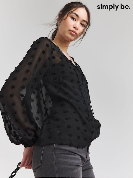 Simply Be Black Dobby Tie Front Blouse (E68096) | AED87