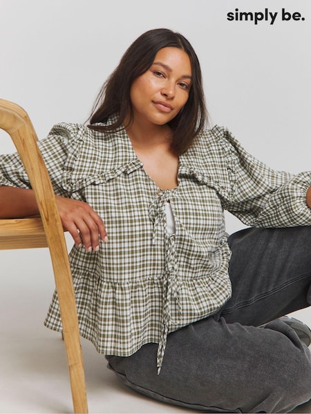 Simply Be Green Gingham Tie Front Collared Blouse (E68100) | €26