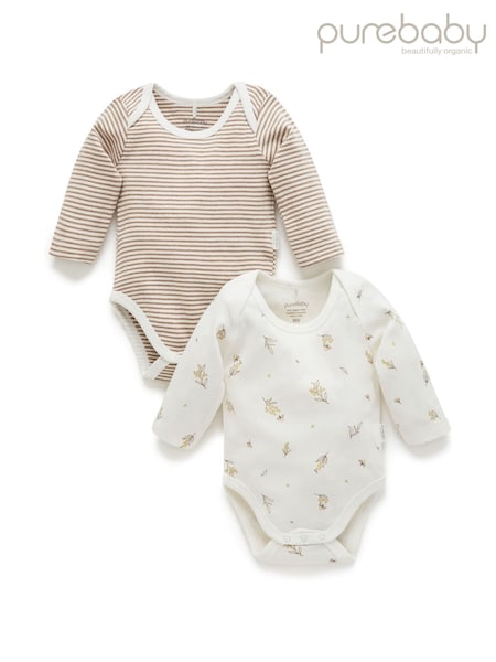 Creme - Purebaby Long Sleeve Printed 100% Cotton Bodysuits 2 Pack (E68174) | 34 €