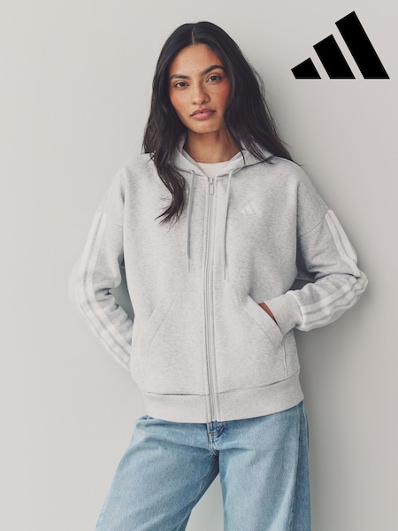 adidas Grey Essentials 3-Stripes Full Zip Fleece Hoodie (E68369) | R$ 445