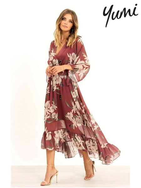 Rosewood Vaaleanpunainen - Yumi Kukallinen Kimono Hihat Dip Helma Wrap Midi- Mekko (E68372) | €102