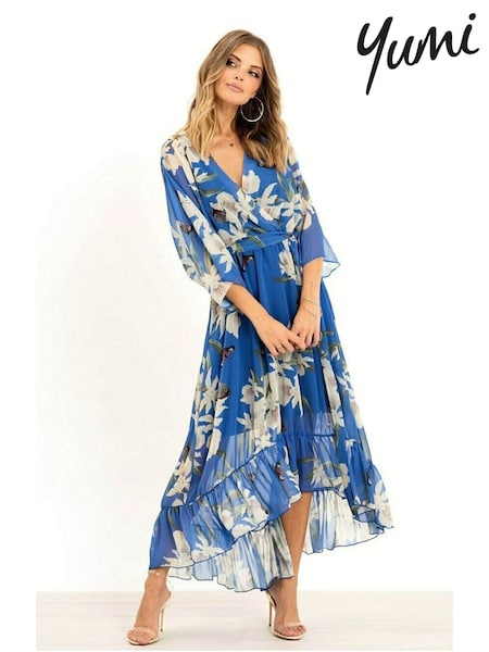 Sininen - Yumi Kukallinen Kimono Hihat Dip Helma Wrap Midi- Mekko (E68376) | €102