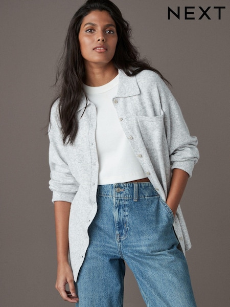 Grey Smart Collar Button Through Longline Knitted Shirt with Wool (E68386) | 1,484 UAH