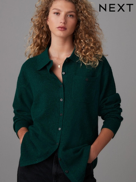 Green Smart Collar Button Through Longline Knitted Shirt with Wool (E68390) | 1,484 UAH