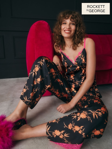 Rockett St George Black Satin Orange Floral Cami Pyjamas (E68403) | €74