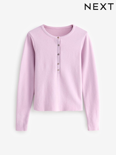 Mauve Purple Pink Cosy Soft Touch Rib Button Neck Henley Jumper Top (E68412) | $43