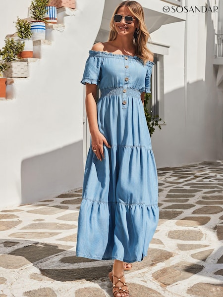 Sosandar Blue Denim Shirred Waist Bardot Fit & Flare Maxi Dress (E68426) | €107